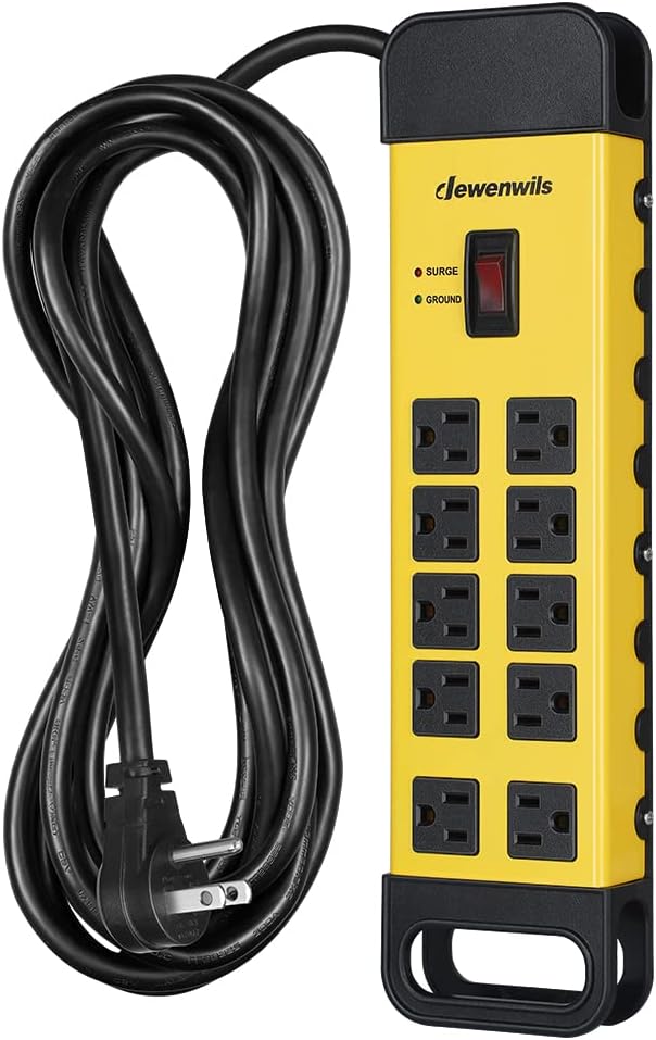 10-Outlet Metal Surge Protector Power Strip with 15Ft Cord, Flat Plug, 15A Circuit Breaker