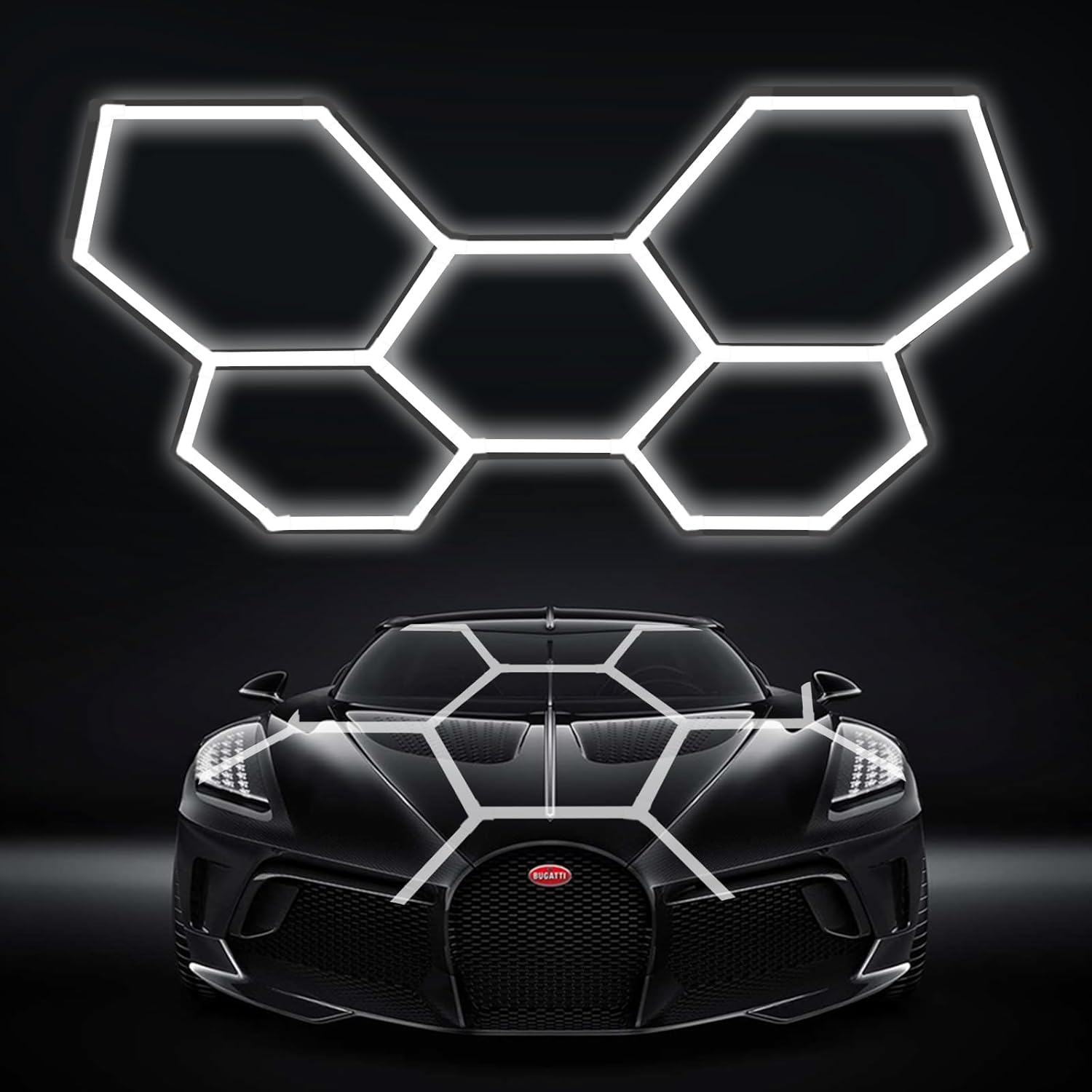 LZHOME Hexagon Garage Light: 5 Grids Updated Bigger Size, 26400LM Super Bright Car Detailing LED Shop Light, Linkable Plug-in Garage LED