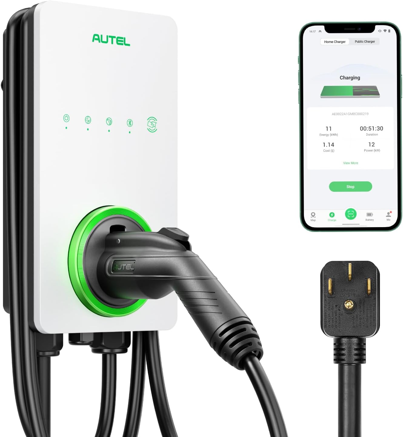 Autel Level 2 EV Charger 40 Amp Home Smart AI Electric Vehicle (EV) Charger, Wi-Fi and Bluetooth Enabled EVSE, with in-Body Holster and 25-Foot Cable