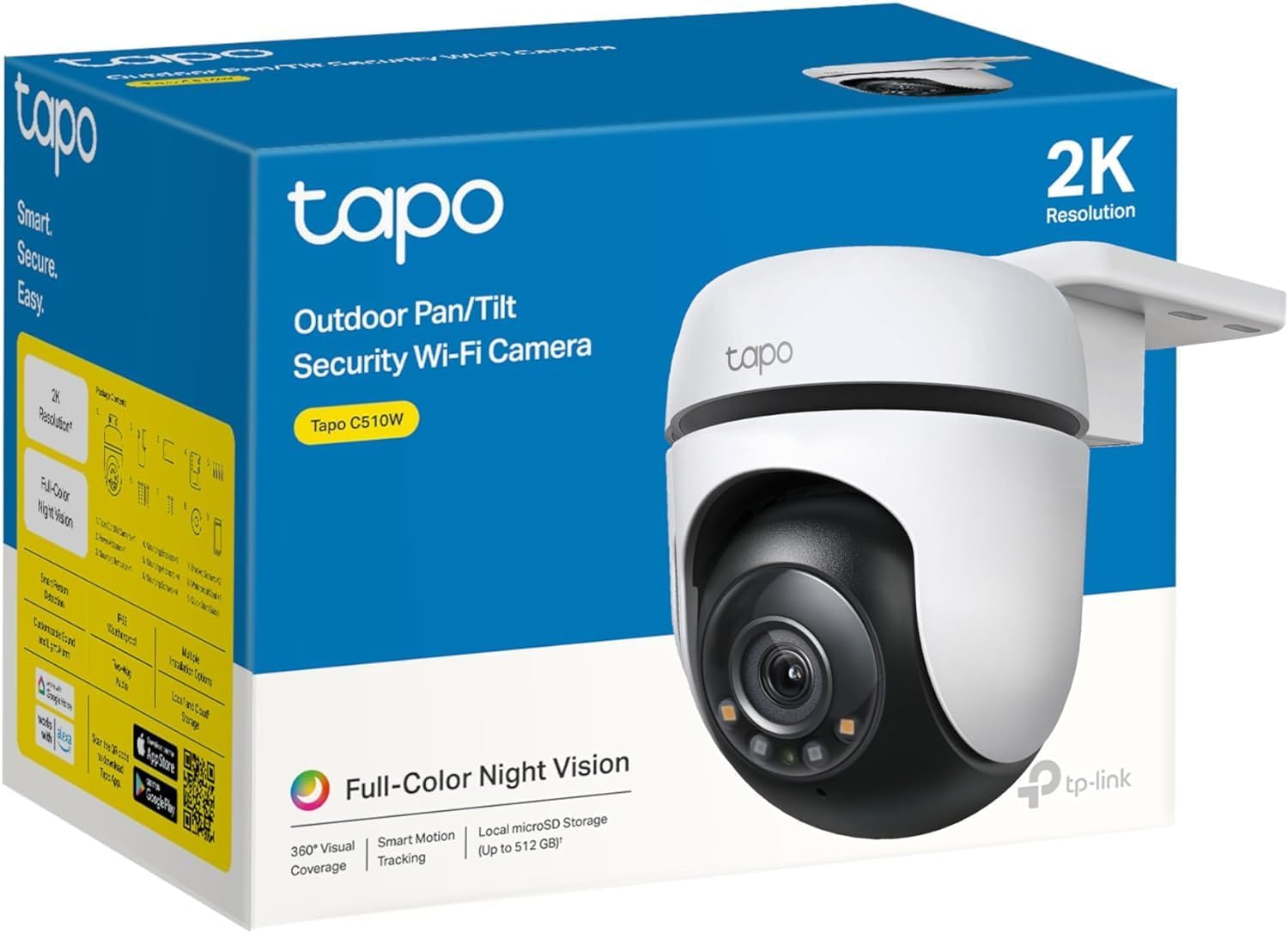 Tapo 2K 3MP QHD Pan/Tilt Outdoor Wired Security Wi-Fi Camera, 360° Visual Coverage, Full-Color Night Vision Up to 98ft, Smart Motion Tracking