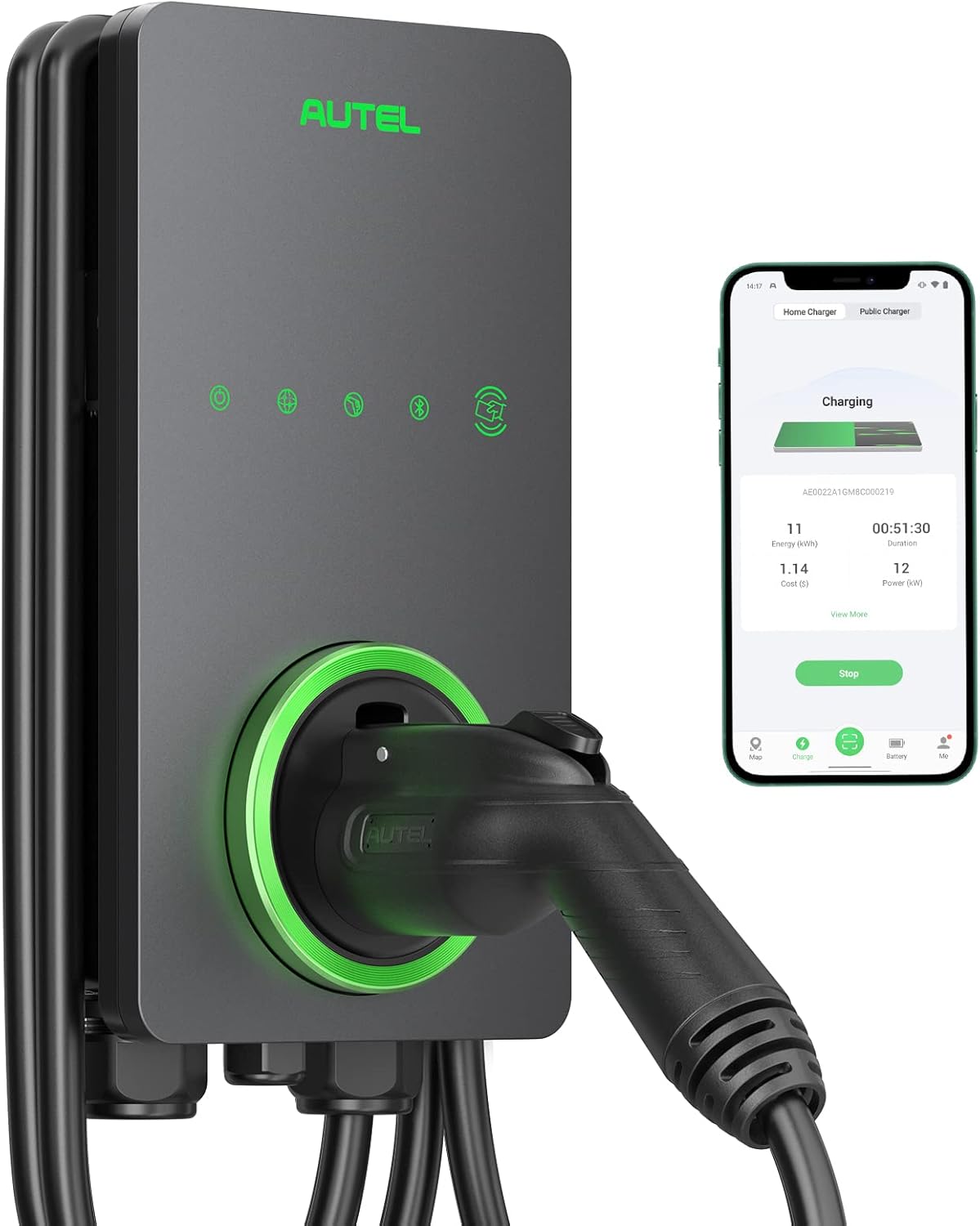 Autel Level 2 EV Charger 50 Amp Home Smart AI Electric Vehicle (EV) Charger, Wi-Fi and Bluetooth Enabled EVSE, Hardwired with in-Body Holster and 25-Foot Cable