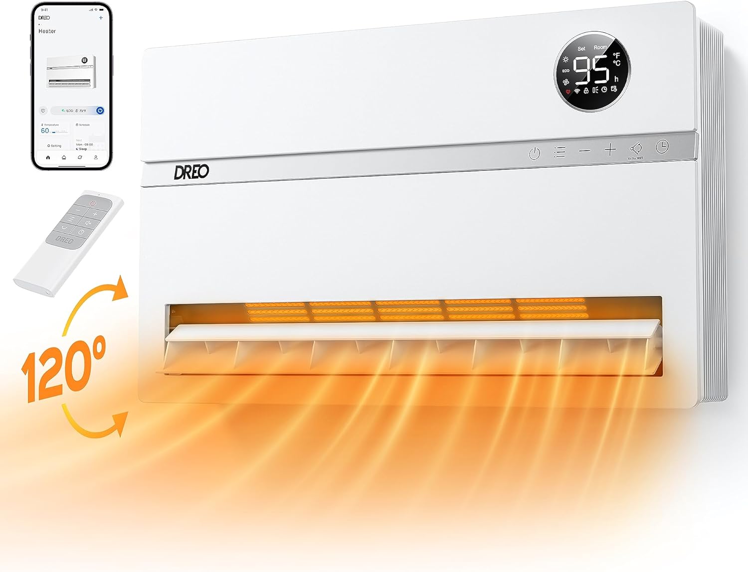 Dreo Smart Wall Heater, Electric Space Heater for Bedroom 1500W, 120° Vertical Oscillation, Adjustable Thermostat, Remote Control, 24H Timer, Easy-Mount