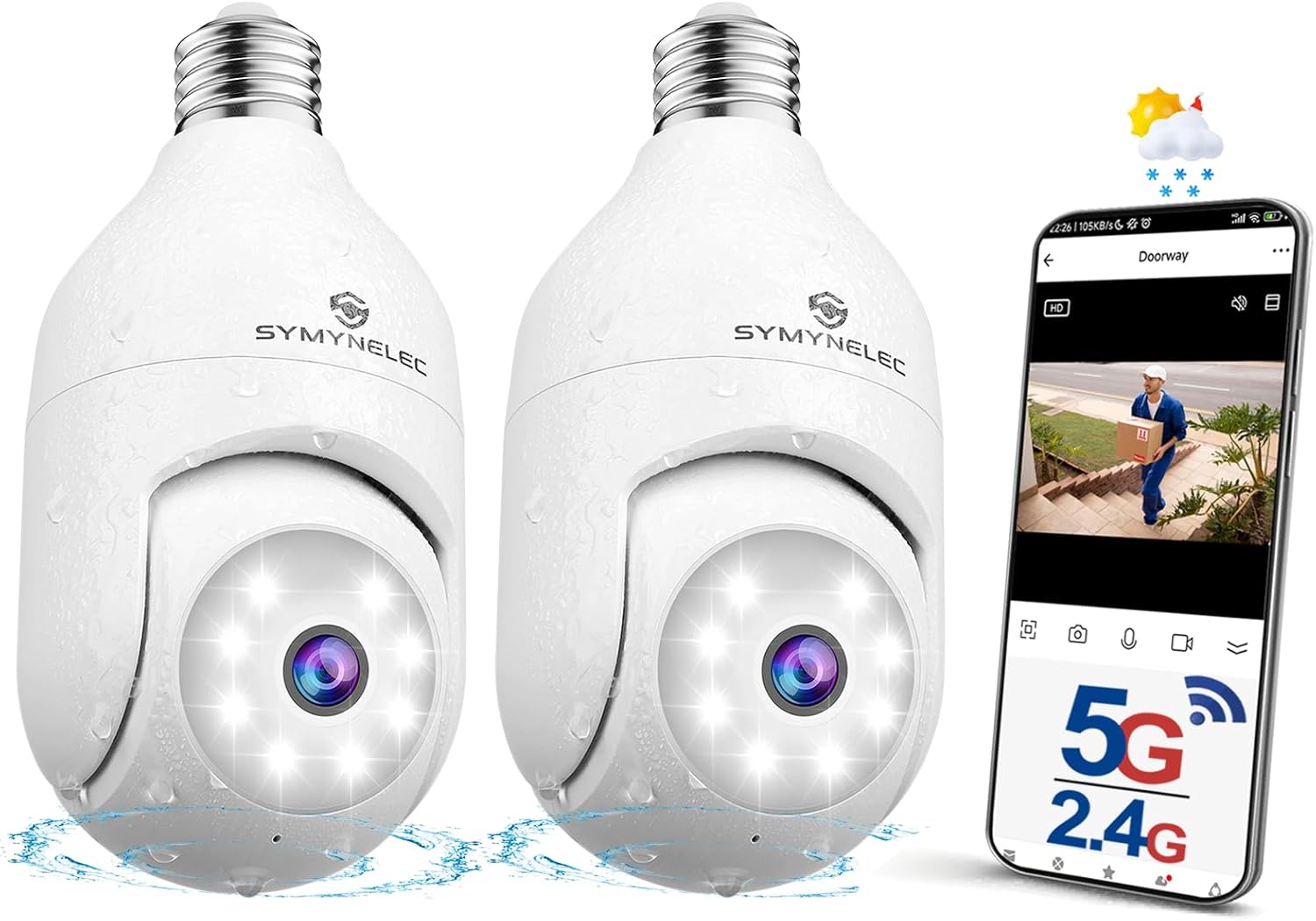 SYMYNELEC Light Bulb Security Camera: Outdoor Wireless WiFi Light Socket Security Cam 360 AI Motion Detection Auto Tracking 2K Color Night Vision 2-Way Talk