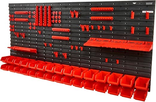 VEVOR Wall Mounted Storage Bins, 30-Bin Parts Rack Organizer Garage Plastic Shop Tool with Wall Panels/Tool Holders/Hooks, Tool Organizer for Nuts, Bolts, Screws, Nails, Beads, Buttons, Black and Red