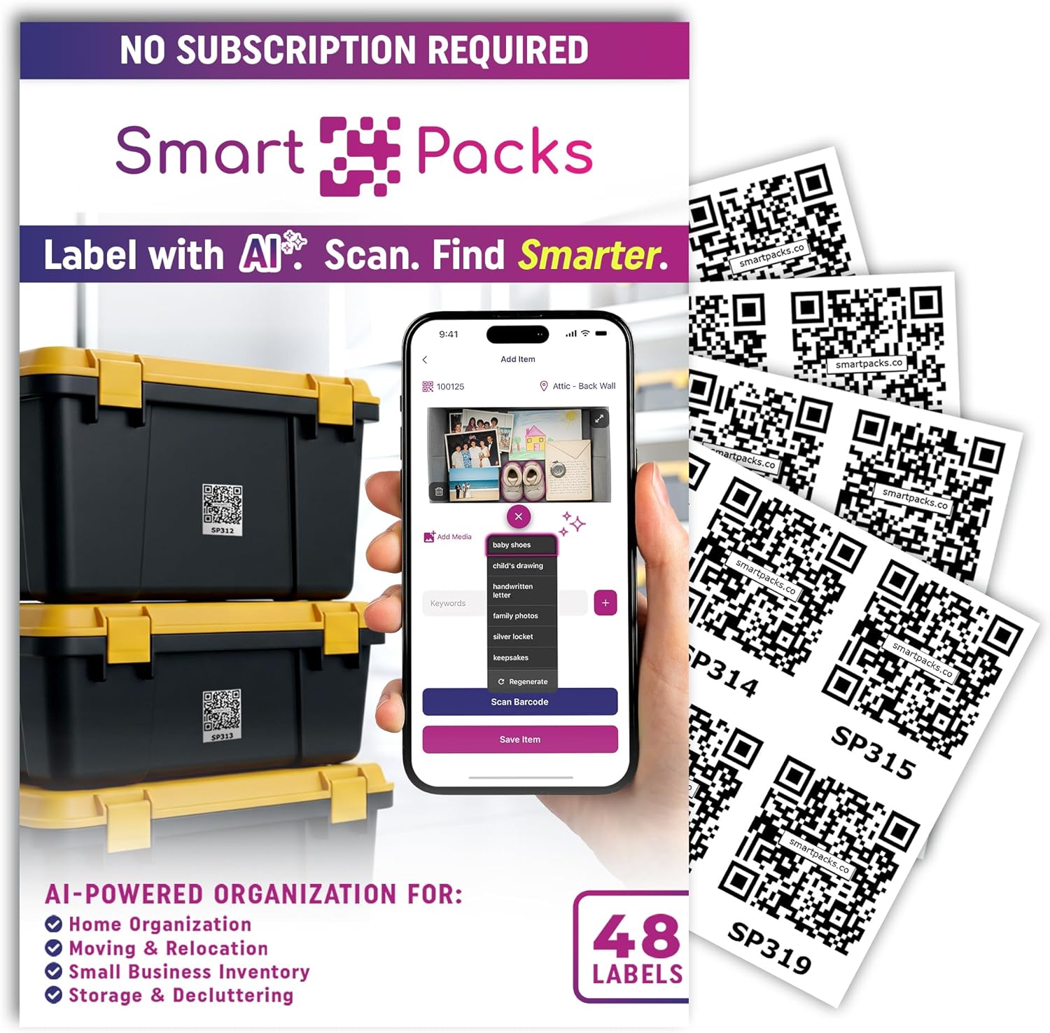 SmartPacks QR Code Stickers | 48 Premium Smart Labels with App | Advanced Pack and Track Labels with QR Code for Inventory, Storage, Moving