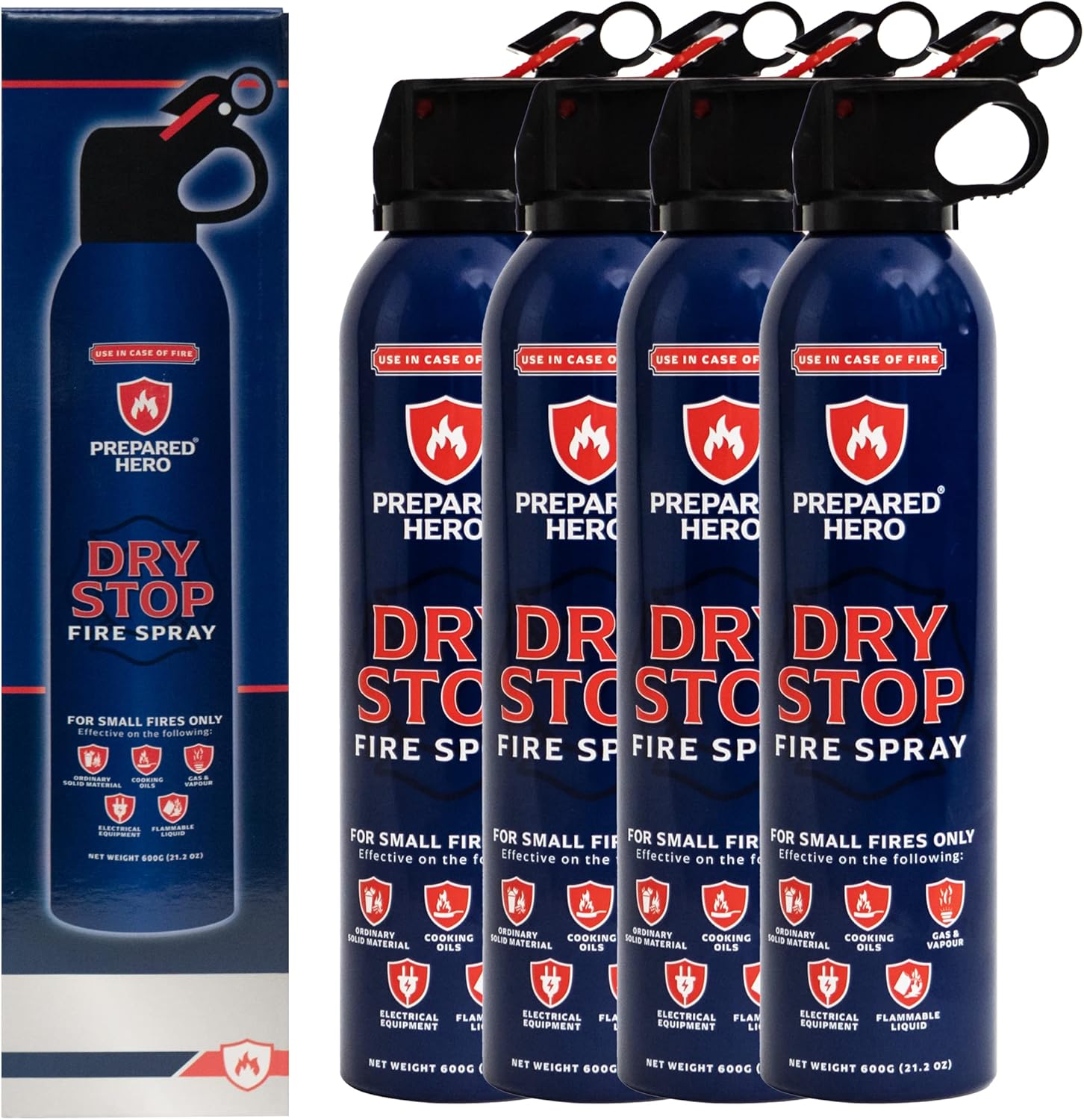 Dry Stop Fire Spray by Prepared Hero - 4 Pack - Portable Fire Extinguisher for Home, Car, Garage, Kitchen - Works on Electrical, Grease, Battery Fires